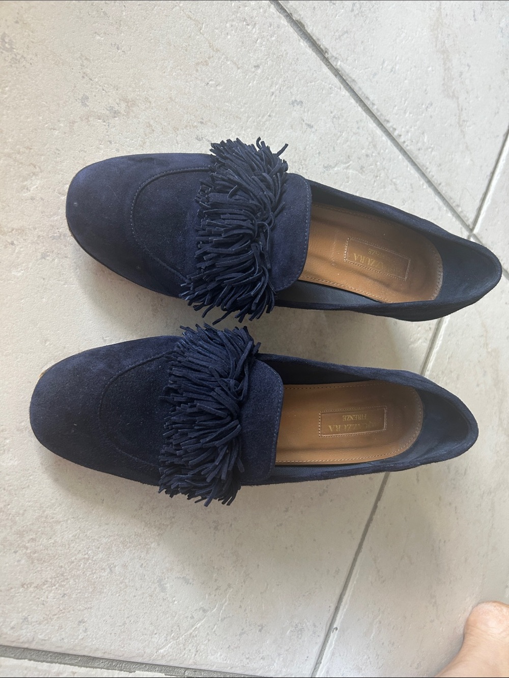 Aquazzura Navy Suede Tassel Loafers